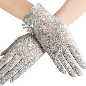 Grey Lace, Summer Wedding Driving Touch Screen Gloves, Flower Detail. Medium